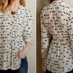 Anthropologie Maeve Cream Horse Print Blouse – Button-Front, Size 2, EUC